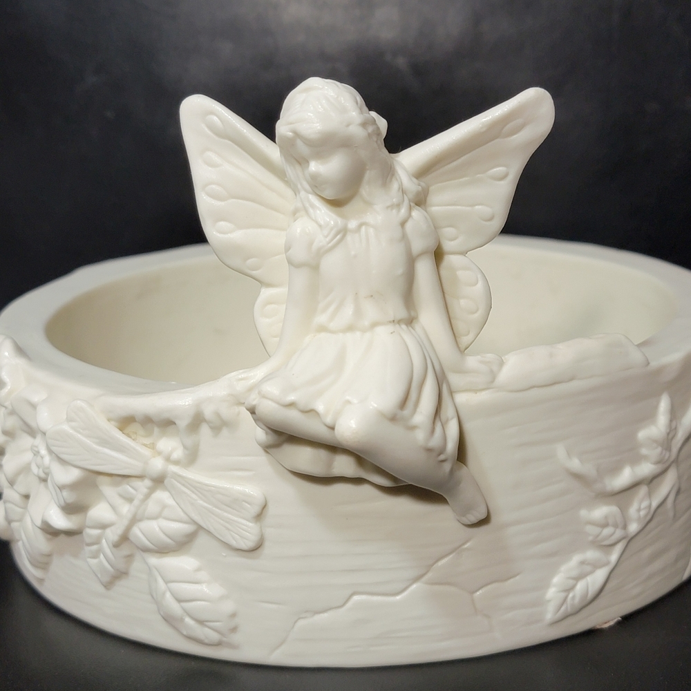 Vtg PartyLite Ivory Angel Spring Song Fairy Dragonfly Candle Holder Trinket Bowl - Picture 2 of 16